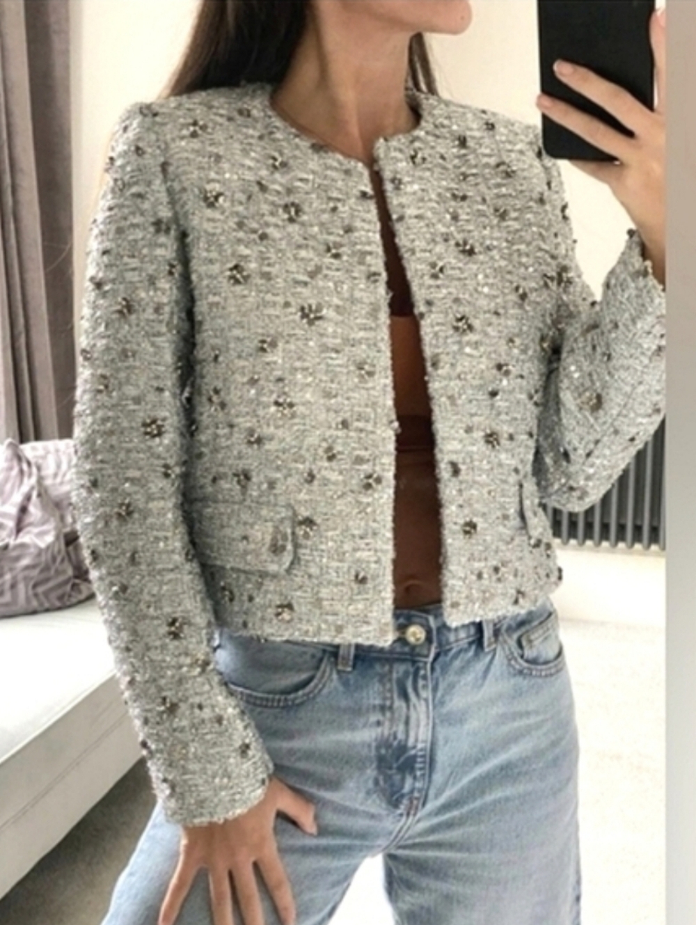 Zara tweed textured sequined blazer  silver gray size XL - Picture 2 of 14